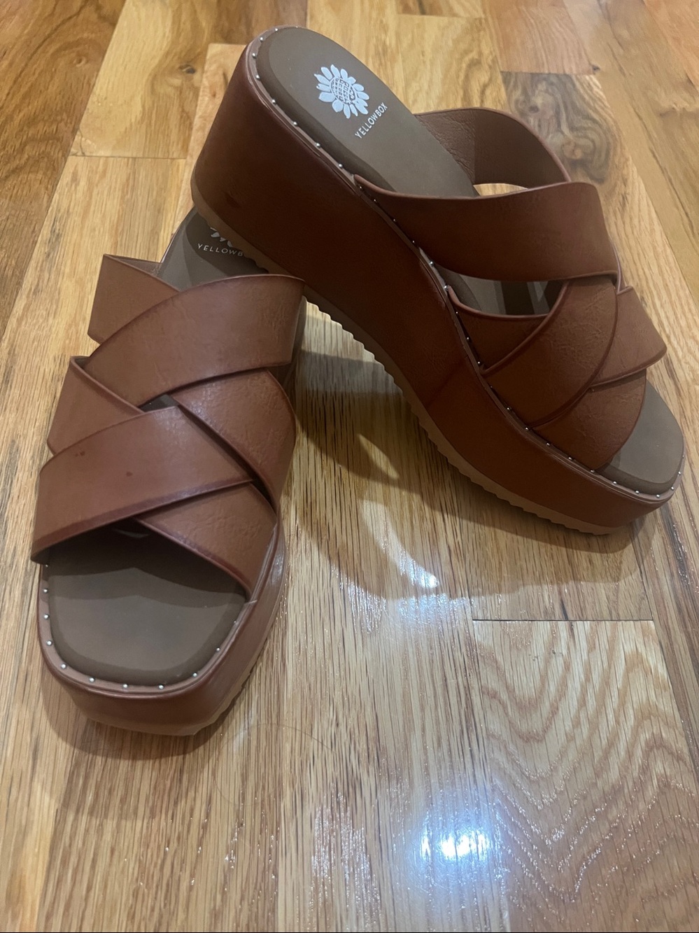Yellow Box Brown Crossband Platform Slide Mules - Picture 4 of 5